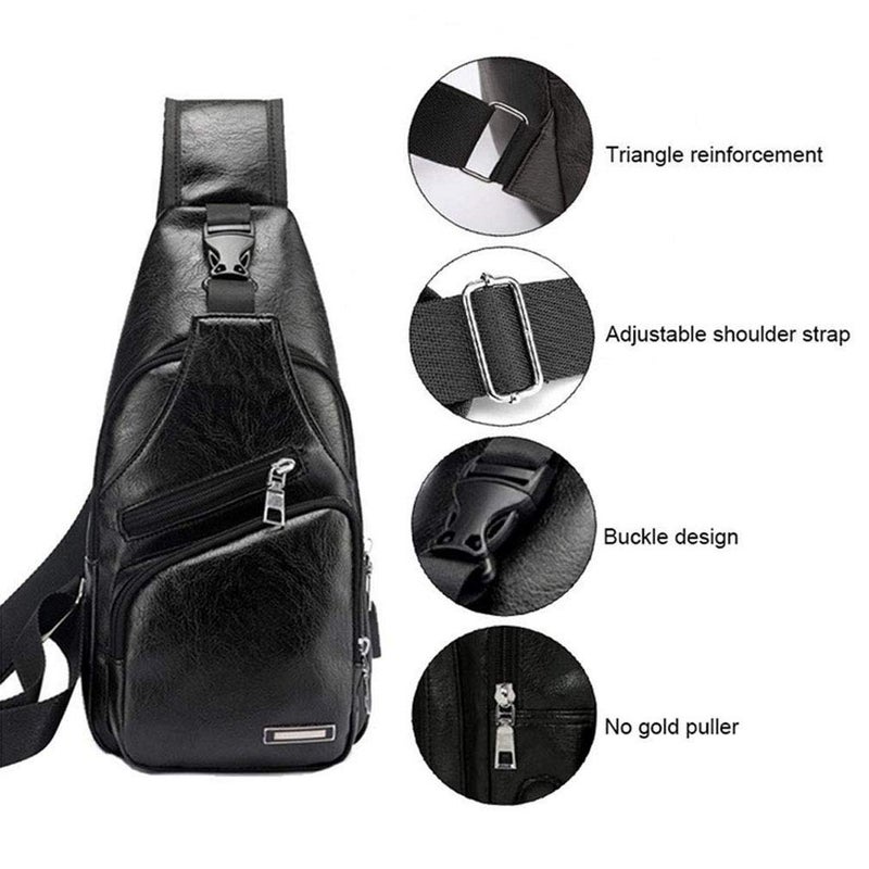 Hebetag Leather Sling Crossbody Bag Travel Backpack for Men Women Small Shoulder Pack Chest Bags with USB Charging Port Outdoor Hiking Camping Daypacks Black - Image 5